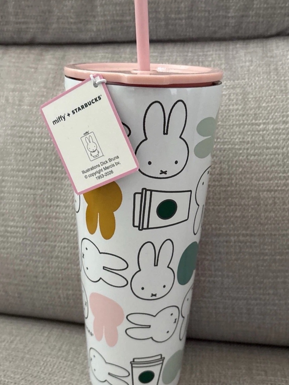 Starbucks Pink and White Miffy Bunny Tumbler with Straw